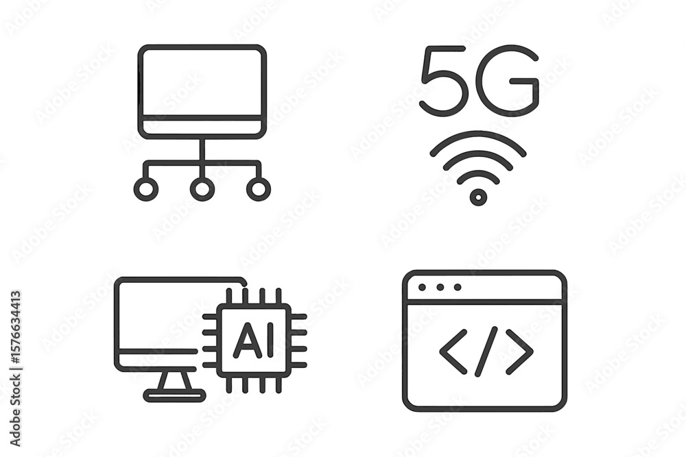 Fototapete modern technology line icons set. network system, 5g wireless, artificial intelligence chip, compute
