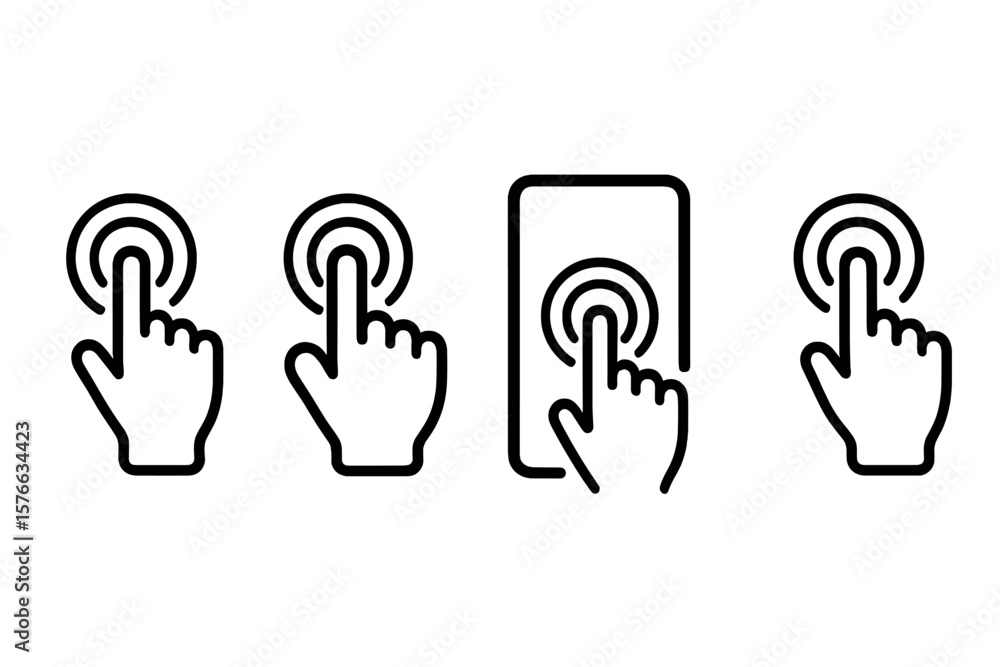 Poster touchscreen gesture icons set. hand tap, press, push, click actions. finger touching smartphone. use