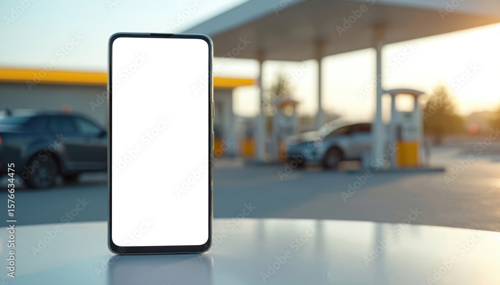 Poster modern smartphone with blank screen positioned foreground. blurred background features gas station, 