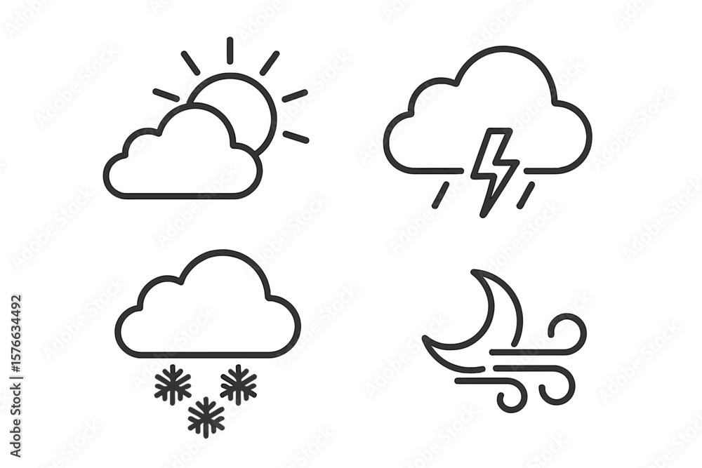 Poster weather forecast line icons set. cloud, sun, thunderstorm, snowflake, wind symbols. minimal linear s