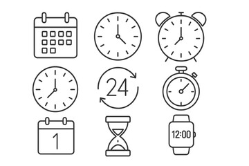 Time management thin line icons set. Calendar, analog clock, alarm, 24 hour symbol, deadline, timer, stopwatch, sand hourglass, digital smartwatch. Date and schedule concept