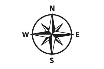 Minimalist Compass Rose Vector Icon. Flat Navigation Symbol with North, South, East, West Directions. Nautical Marine Guide. Simple Black Windrose Design. Isolated Transparent Background.