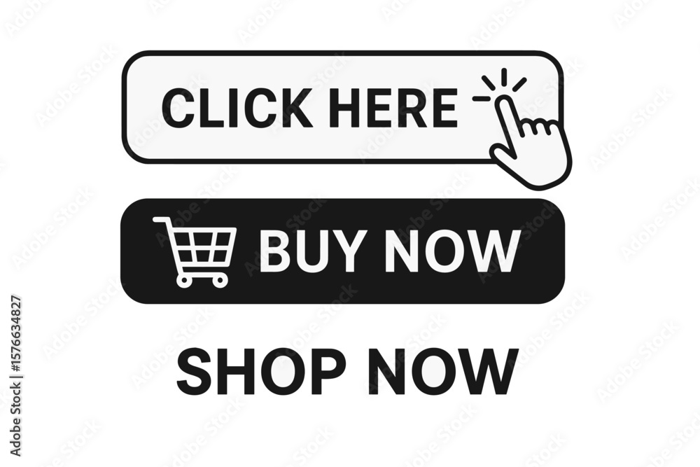 Aufkleber click here, buy now, shop now button set for e-commerce website. modern call to action ui elements w