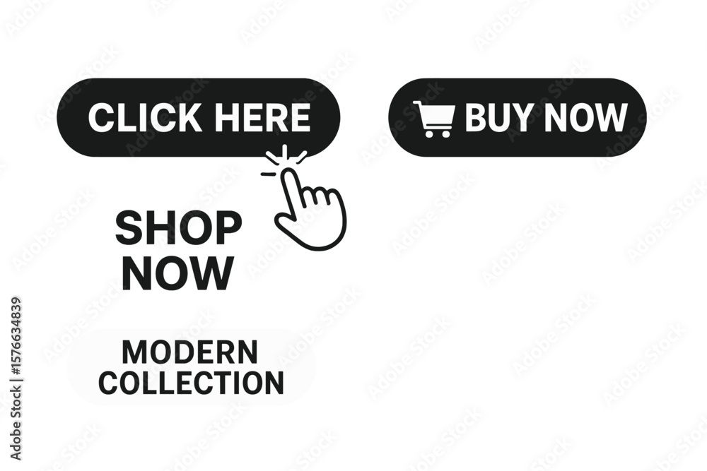 Poster click here with hand cursor, buy now with cart icon. shop now and modern collection buttons for webs