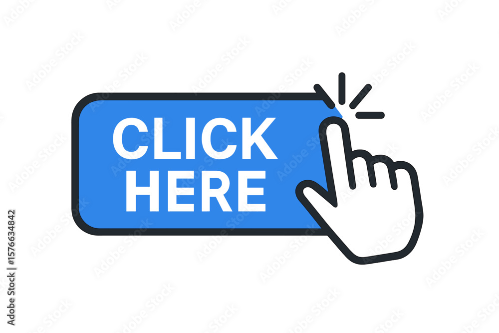 Poster Click here button with hand cursor pointer icon. Call to action concept for web design. Modern flat illustration of a CTA button for websites, UI, and UX. Clickbait icon.