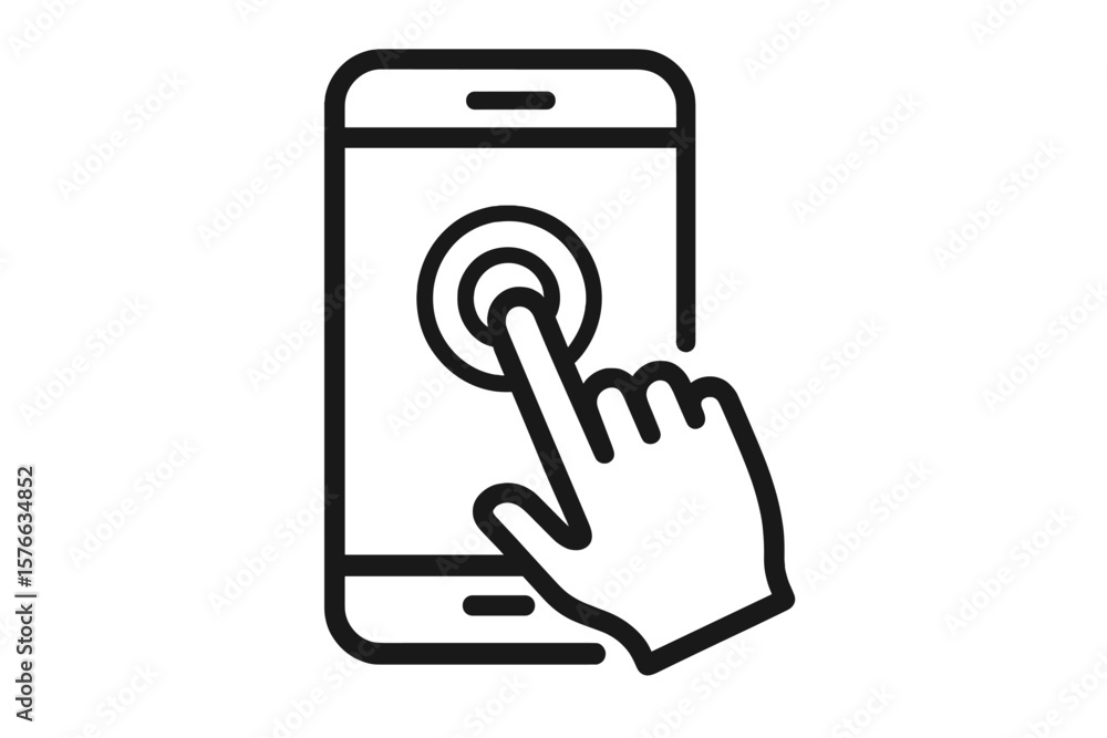 Fototapete Hand tapping on smartphone screen icon. Finger touch display symbol. Mobile phone click pointer gesture. User interface concept for an app or website. Digital technology vector.