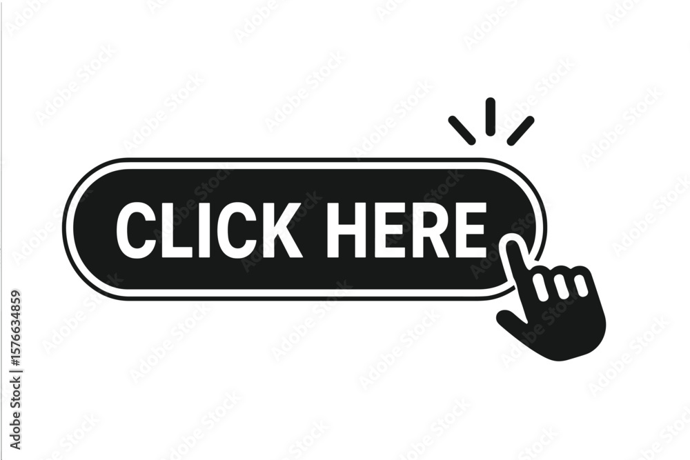 Fototapete Click here button with hand cursor. Action button for website. UI UX design element. Call to action concept. Web icon with pointer. Modern internet navigation symbol. Buy.