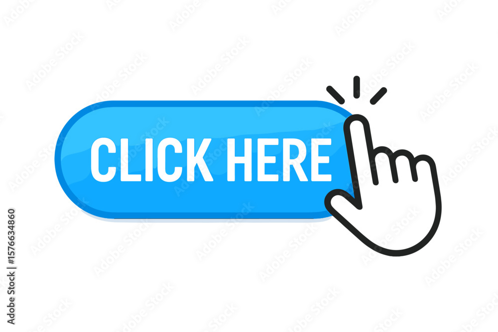 Fototapete Click here button with hand cursor pointer clicking. Action button for website design. Modern user interface element. Call to action concept. Web icon symbol. Clickable link.