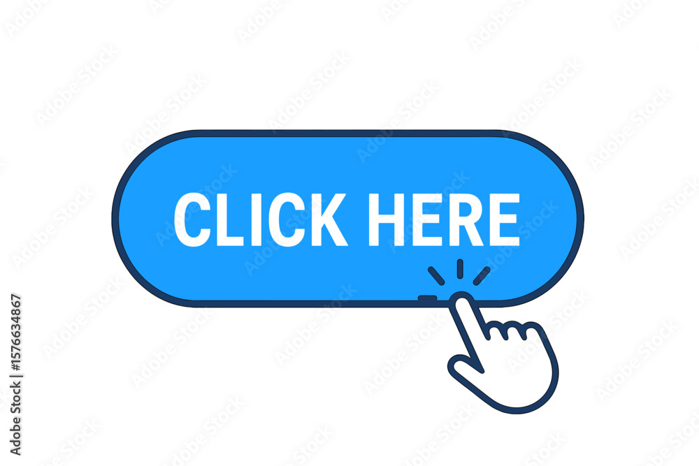Fototapete Click here button. Hand pointer cursor symbol. Website call to action concept. User interface design element. Pressing finger on a blue web button. Modern vector icon set.