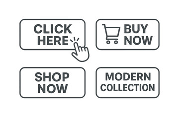 Set of web buttons for online shopping. Click here with hand cursor, buy now with shopping cart, shop now and modern collection call to action icons for e-commerce website.