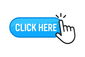 Click here button with hand cursor pointer clicking. Action button for website design. Modern user interface element. Call to action concept. Web icon symbol. Clickable link.