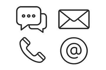 Communication icon set. Contact us concept. Web, internet, message, phone call, email, chat, help, support, service symbols. Line art vector illustration. Simple minimal design.