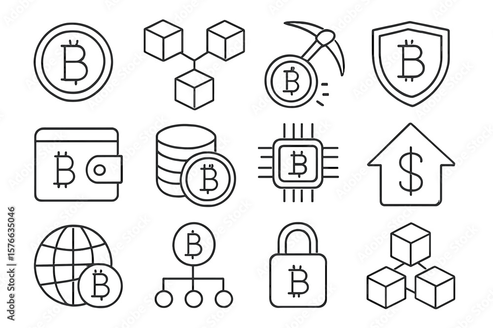 Aufkleber bitcoin and blockchain technology thin line icon set. crypto currency, mining, wallet, security, and