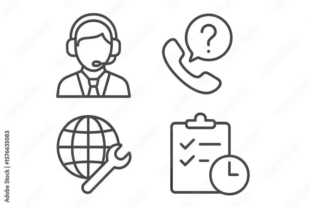 Aufkleber customer service and support icon set. call center operator with headset, helpdesk, technical assist