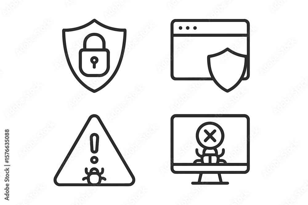 Leinwandbilder Cyber security icon set. Data protection and internet safety symbols. Web and app UI UX pictograms. Network privacy, firewall, lock, and virus concepts. Linear outline style.