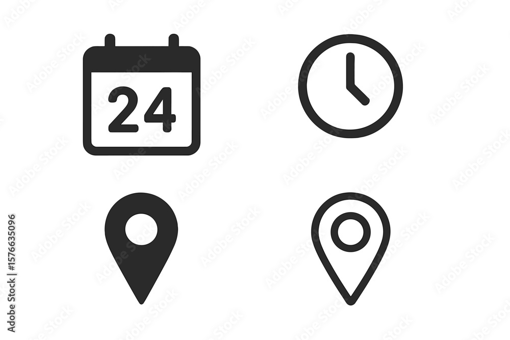 Poster date, time, and location icon set. calendar with day, clock, and map pointer pin symbols for web and