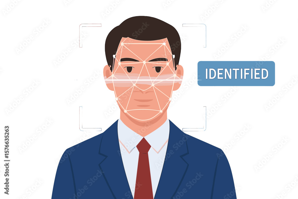 Poster biometric facial recognition system for person identification. face scanning process for security ve