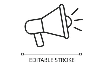 Megaphone Line Icon. Loudspeaker Announcement Symbol. Editable Stroke Vector. Marketing, Promotion, Advertising Concept. Simple Black Outline. Isolated on White. Communication, Alert, Notification.