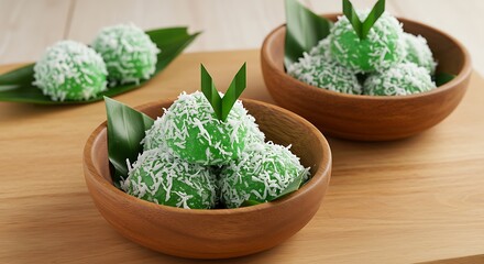 Green klepon cake serve on wooden bowl. This cake is indonesia traditional street food it usually serve as snack on the morning breakfast. 
