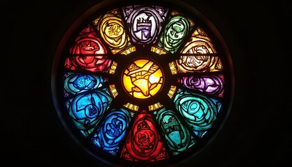 Vibrant Stained Glass Rose Window with Intricate Designs Illuminating From Within