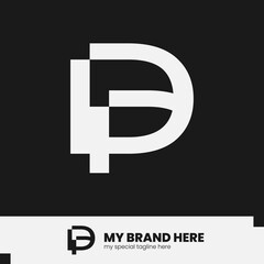 Minimalist DP monogram logo with a creative geometric cut design. Ideal for branding in tech, gaming, or sports industries. Vector lettermark on black background.