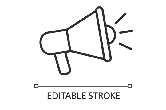 Megaphone Line Icon. Loudspeaker Announcement Symbol. Editable Stroke Vector. Marketing, Promotion, Advertising Concept. Simple Black Outline. Isolated on White. Communication, Alert, Notification.