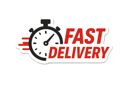 Fast delivery sticker with stopwatch icon, express shipping label, urgent courier timer, quick move, online order, rapid logistics, same day delivery, speed service concept