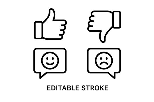 Feedback review rating icon set. Like and dislike. Thumbs up, thumbs down. Customer satisfaction survey. Positive negative opinion. Happy sad emoji face. Editable stroke vector.