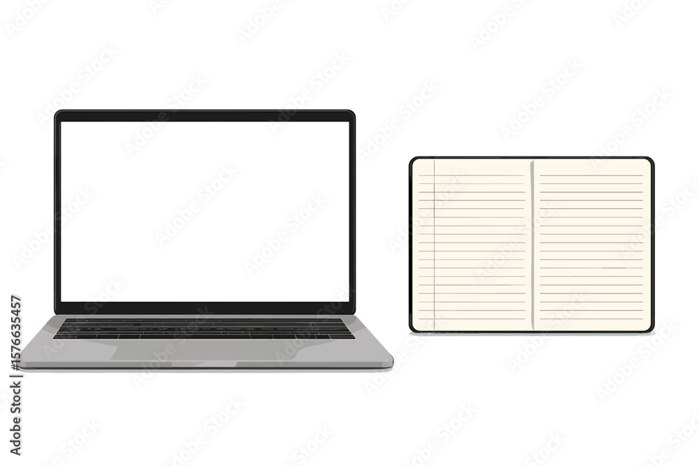 Poster laptop computer mockup with blank screen and open notebook vector. modern device for business, work 