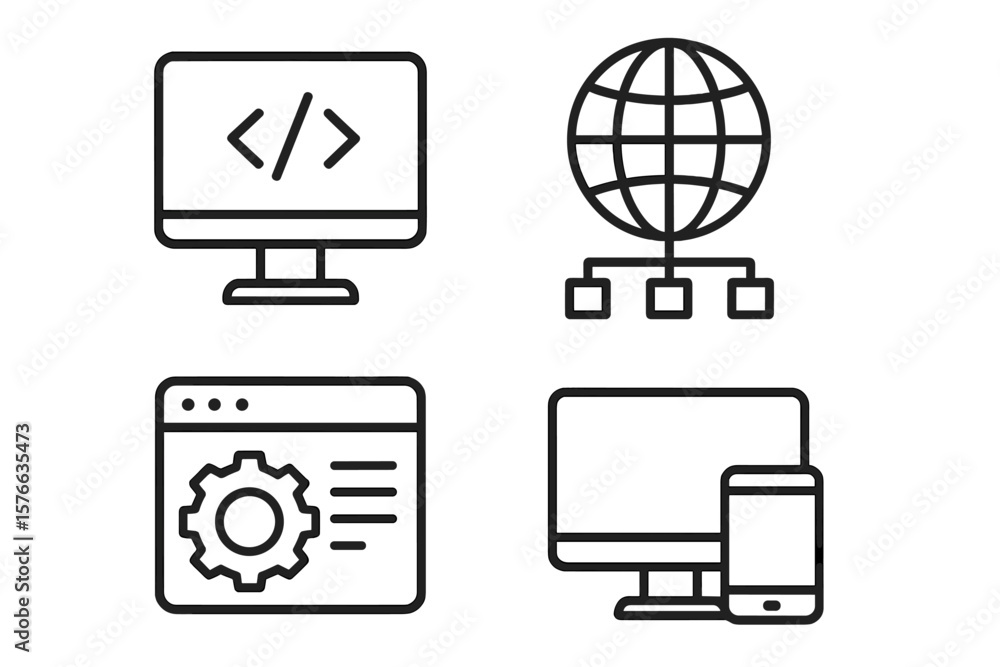 Fototapete it icons set. web development, programming code, global network, responsive design symbols. website 