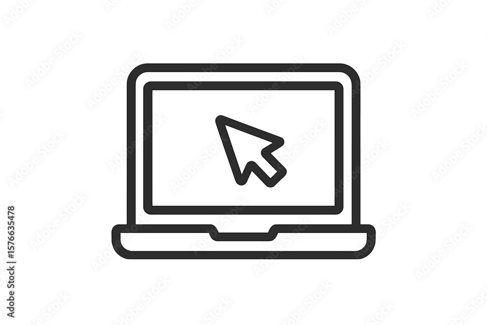 Poster laptop computer icon with mouse cursor arrow on screen. concept of clicking, web design, online serv
