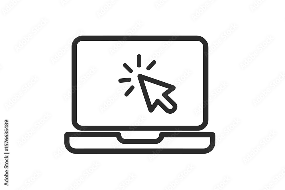 Poster laptop computer icon with pointer mouse cursor clicking on screen, notebook and laptop symbol, onlin