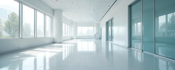 Modern hospital hallway interior, clean white design with large windows, glass doors. Bright, empty corridor creates sense of spaciousness, calm. Natural light reflects off polished floor, setting