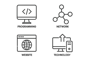 Information technology icon set. Web icons line style. IT icons for web mobile app. Programming, network, website, technology progress. Internet, devices, code, connect.