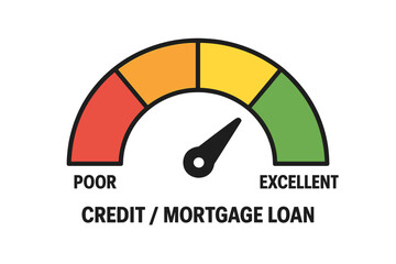 Credit score meter from poor to excellent. Financial rating report for mortgage loan approval. Risk measurement scale. Good credit history indicator for borrowing and debt.