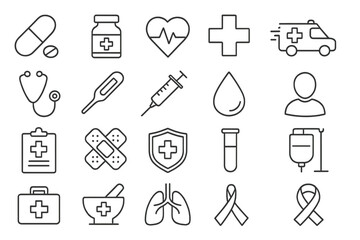Medical Icons Set, Thin Line Healthcare Symbols, Editable Stroke, Hospital, Emergency, Pharmacy, Doctor, First Aid, Medicine, Health, Vector Illustration, Transparent Background
