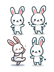 Set of Expressive Cartoon Bunnies with Sweet Faces in Vector Illustration