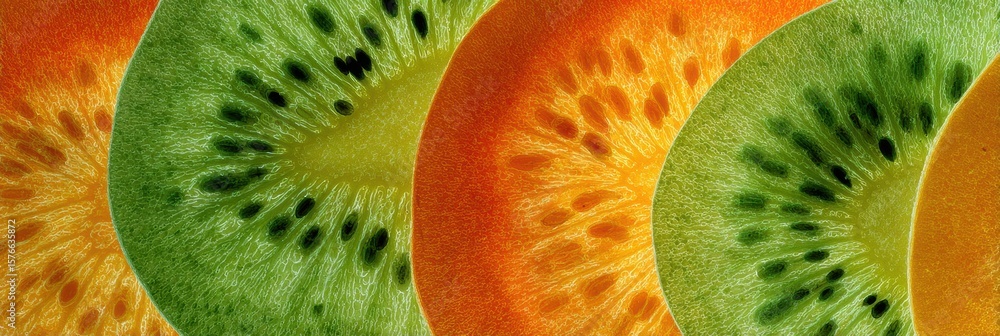 Poster abstract arrangement of sliced kiwis and oranges showcasing vibrant colors and unique textures again