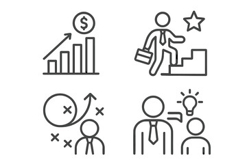 Personal growth and success icons set, linear style vector graphics for web and mobile apps, career progress, business people, profit increase, achievement symbols, development