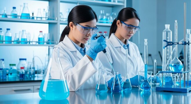 Two asian scientists are conducting experiments in a modern laboratory - Powered by Adobe