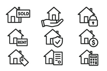 Real Estate Line Icons Set. Property Sale, Rent, Mortgage, Home Insurance, Investment, Housing Market, Real Estate Agent, Loan, Secure Payment, Contract, Price Tag, Calculator, Vector Illustration
