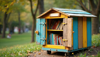 Naklejka premium Colorful wooden little free library filled with books stands in sunny park. Blue, yellow, brown striped structure encourages reading, sharing stories. Open doors reveal shelves of books for borrowing
