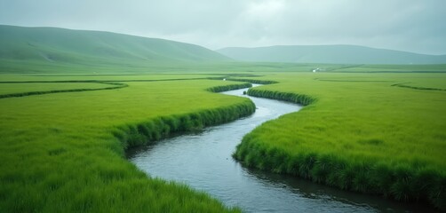 Meandering river flows through vibrant green grassy field under soft cloudy sky. Serene landscape offers peaceful natural setting with undulating hills in background, evoking tranquility, unspoiled
