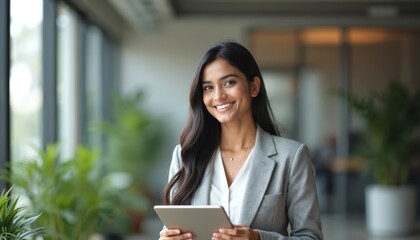 Smiling Indian woman in grey business suit holds tablet, standing in modern office with blurred background of plants, windows. Confident female leader conveys professionalism, success, utilizing