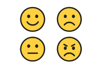 Fototapeta premium Set of 4 Emoticon Face Icons with Different Expressions, Emoji Mood Symbols, Emotion Icons, Smiley Faces, Flat Vector Emoticons, Isolated Transparent Background Illustration