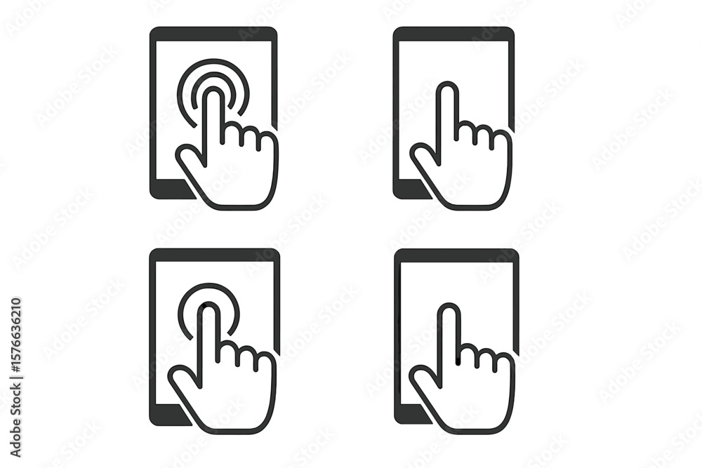 Poster touchscreen tablet hand gesture icons set. tap, touch, press, push finger actions. mobile device int