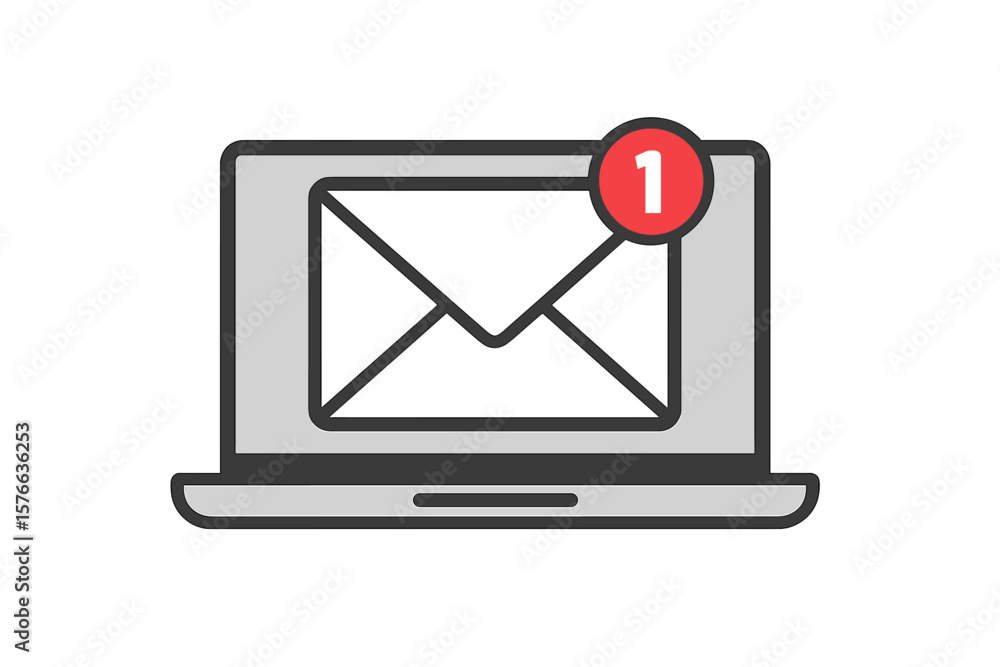 Poster new email notification icon. laptop with envelope and red alert badge. unread message symbol. digita