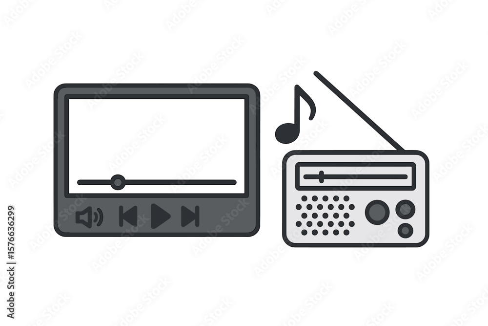 Aufkleber modern video media player and retro radio icon with music note. digital multimedia device. audio str