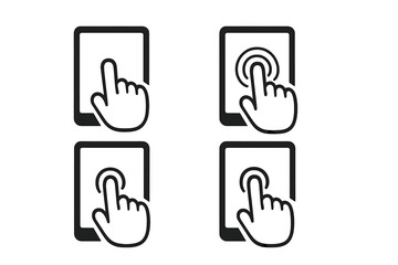 Touch Screen Tablet Gesture Icons Set. Hand Finger Tap, Press, Push, Touch, Click, Touchscreen Interaction. Mobile Device User Interface Symbol. Vector Illustration Isolated Transparent Background