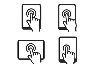 Touchscreen Tablet Icon Set. Hand Press Tap Gesture Symbols. Finger Touch, Push, Click on Digital Device. User Interface Interaction. Mobile Technology. Vector Illustration Collection.